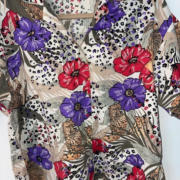 Caribou Vintage Womens Camp Shirt Size Large Cheetah Floral Print Button Down - Picture 7 of 10